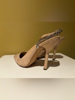 ZARA Beige Chain Link Pointed Toe Sling Back Heels Faux Suede